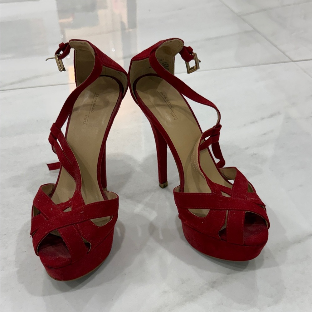 Zara Red Suede Strappy Stiletto Heels